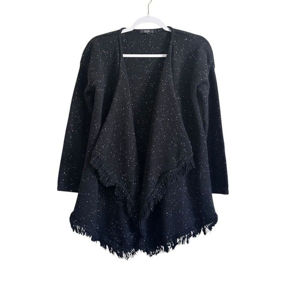 NYDJ Tunic Fringe‎ Fairisle Flyaway Cardigan Sweater Women XS Black Gray Boho